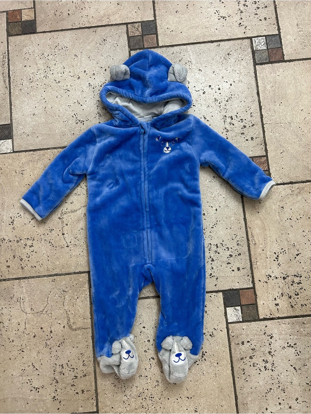 Like new Blue Fleece Baby One-Piece Hooded Romper size 6/9M